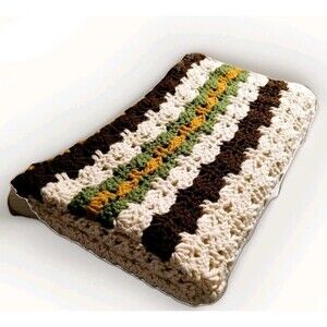 Vintage Crochet Throw Blanket Granny 40x36 Ivory, Brown, Green, Camel Cozy Soft